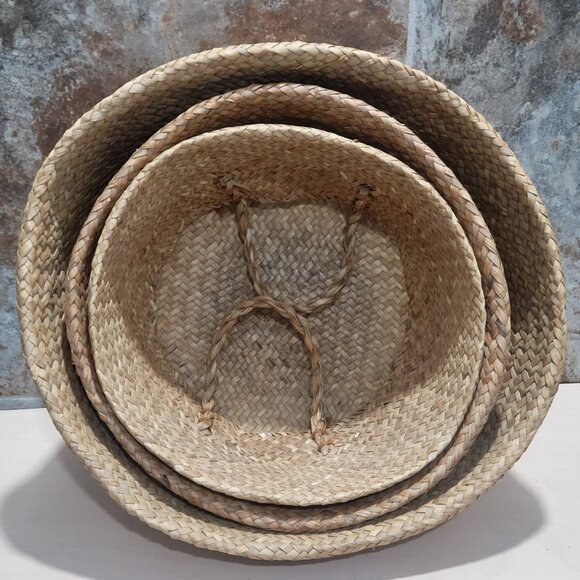Nested  Woven Seagrass Baskets Rounded Belly Foldable Handles Set of 3 - Picture 2 of 13